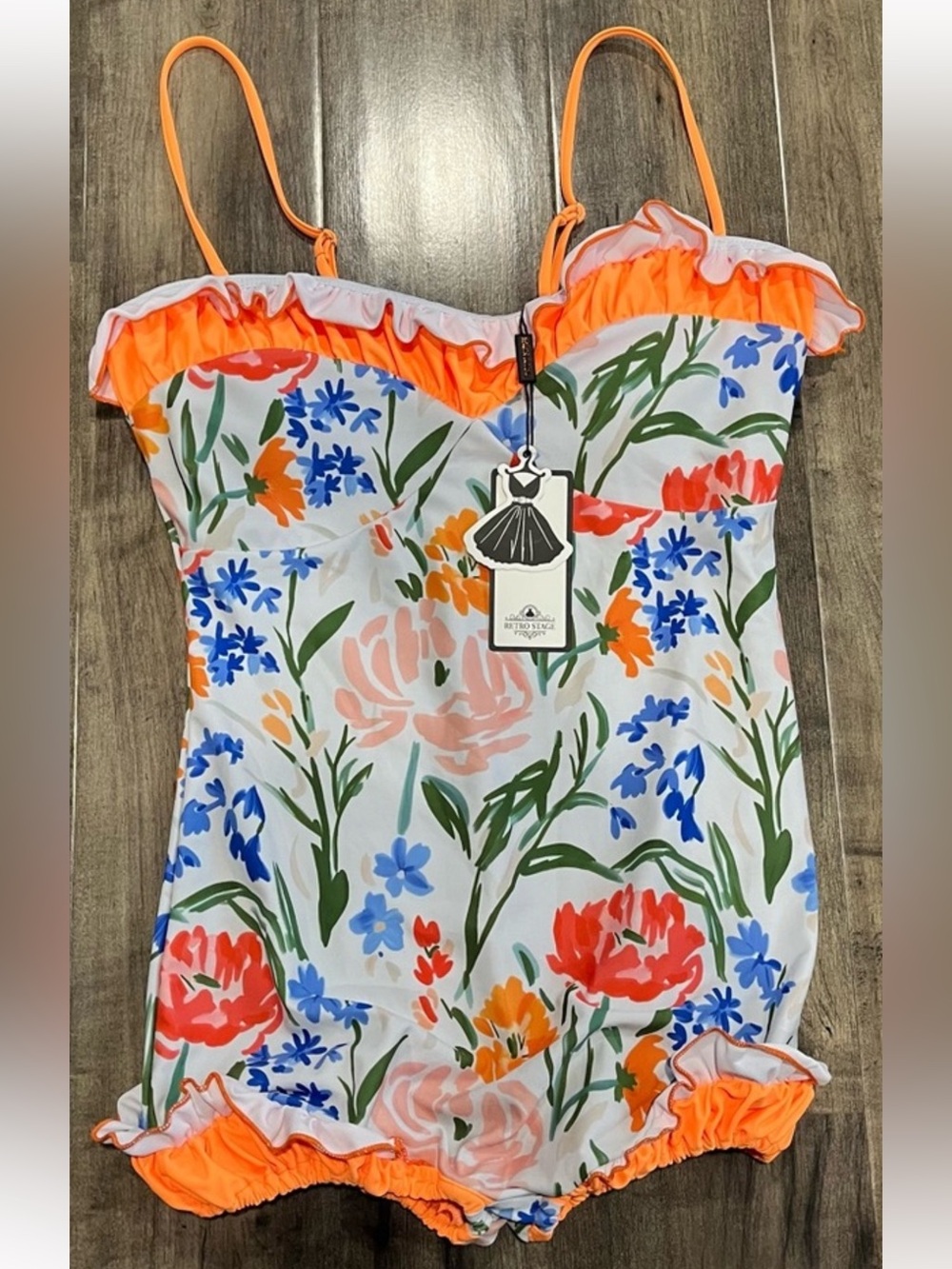 RETRO STAGE 1960S STYLE PAINTED FLORAL BANDEAU ONE-PIECE SWIMSUIT NEW NWT
